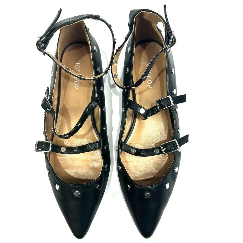 Topshop Women's Black Silver Studded Pointy Toe Strappy Flats Sz 5/38